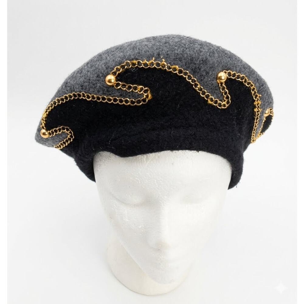 Vintage Finesse Black Gray Beret Hat Gold Chain Studded Parisian Cap OS